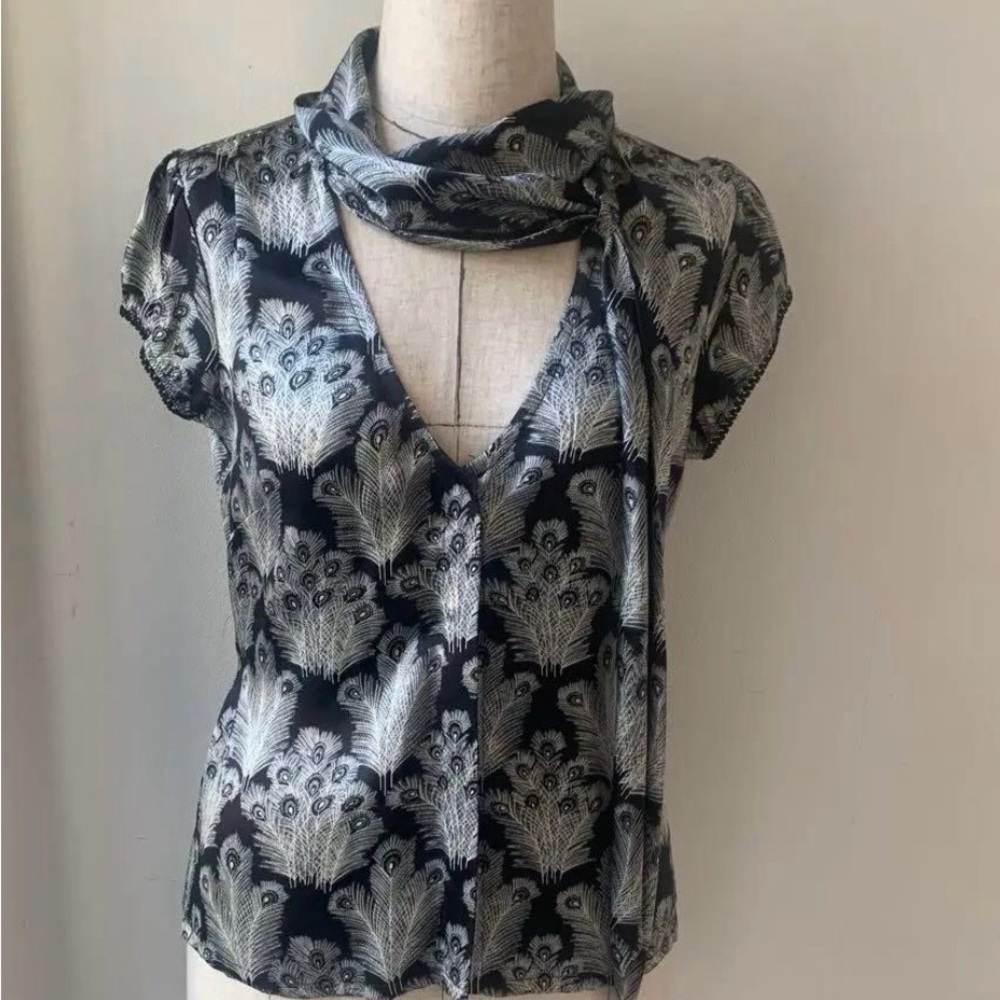 Free People Peacock Black and White Feather Print Blouse